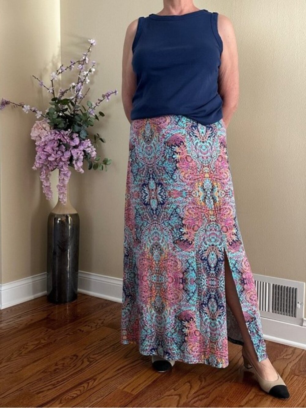 Cynthia Rowley Multicolor Abstract Paisley Maxi Skirt with a High Side Slit Sz L
